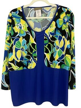 Victoria Collection Classic Easy Care Blue Floral 3/4 Sleeve Scoop Neck 2XL Top
